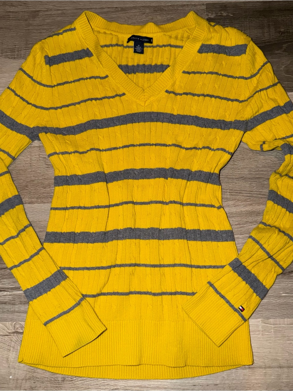 Tommy Hilfiger Yellow and Gray Striped V-Neck Sweater